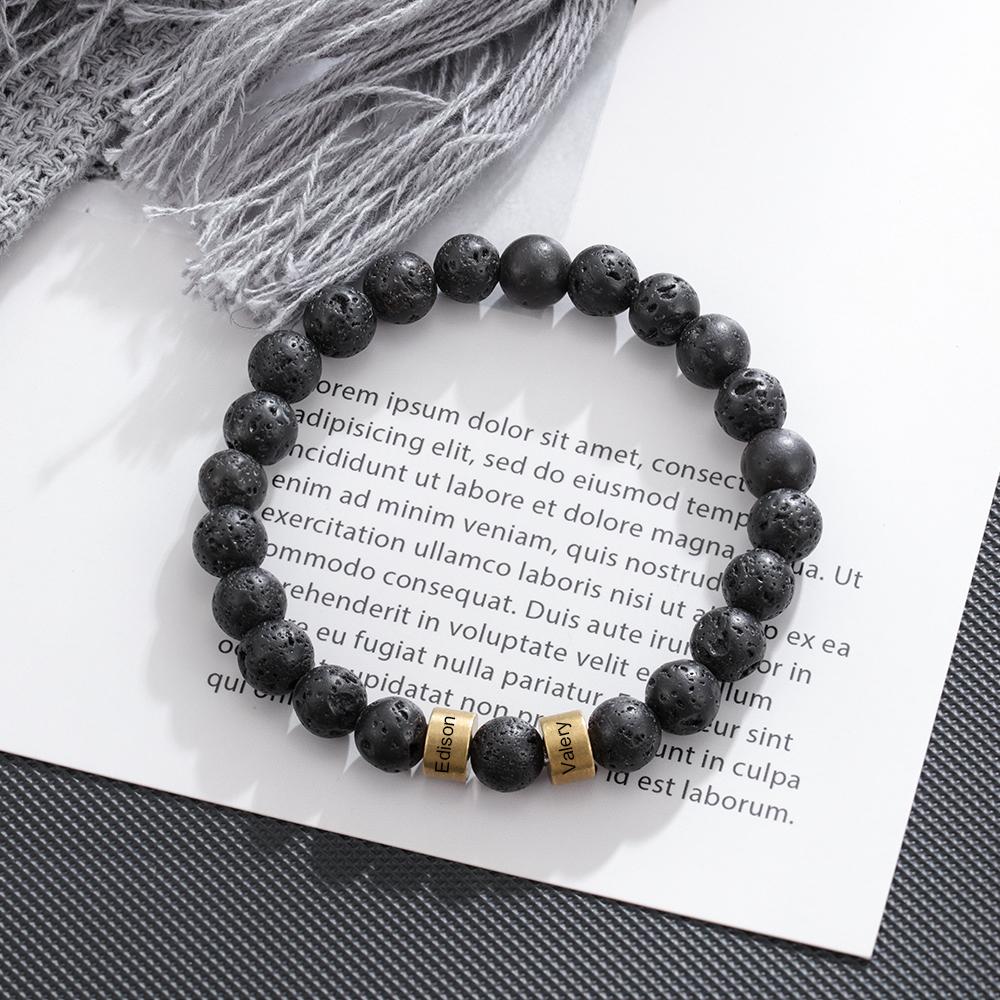 Black Lava Rock Beaded Bracelet Men Bracelet Custom 2 Names Gift for Him