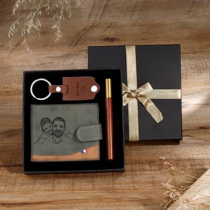 Photo Personalized Leather Wallet Gift Box Set with Keychain Customizable Letter Name Wallet Gift for Him