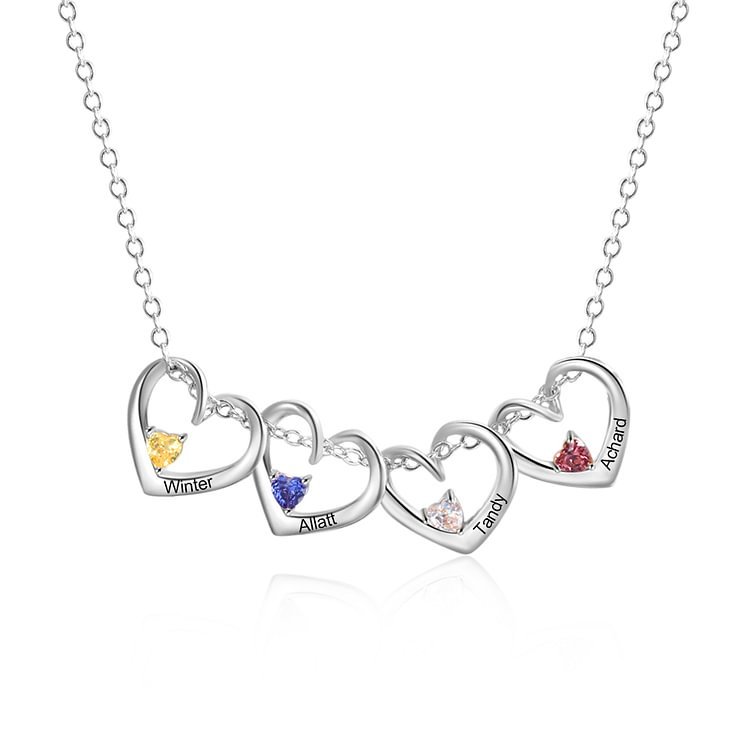 4 Names- Personalized Birthstone Necklace Set with Rose Gift Box - Customized Love Pendant Necklace Engraved Name Gift for Her