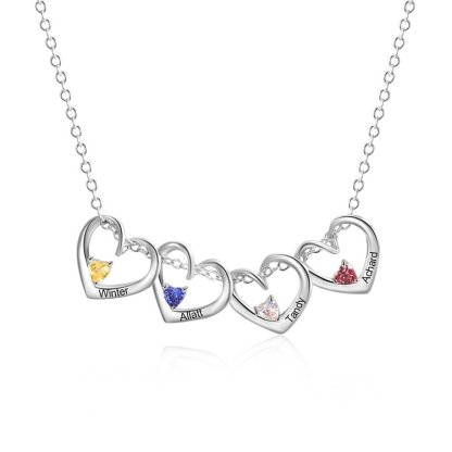 4 Names- Personalized Birthstone Necklace Set with Rose Gift Box - Customized Love Pendant Necklace Engraved Name Gift for Her