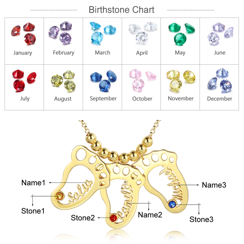 Personalized Baby Foot Engraved Names 3 Birthstones Necklace For Women Gift For Mother
