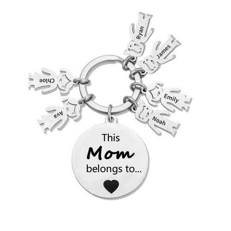 6 Names-This Mom Belongs to...Custom Keychain with Name & Text