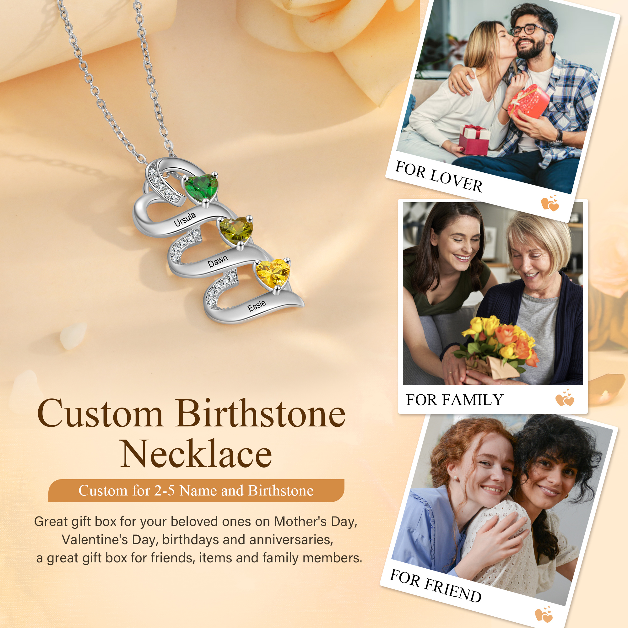 3 Names-Personalized Hearts Necklace Custom Birthstone Necklace Engraved Names Special Gifts for Her