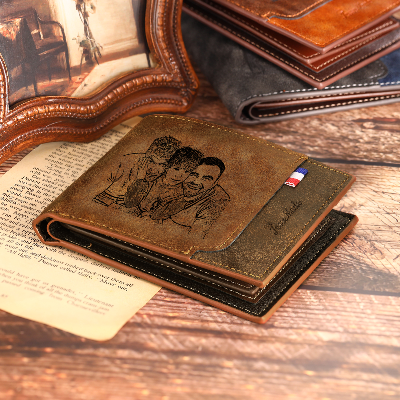 3 Names - Personalized Photo Custom Leather Men's Wallet as a Father's Day Gift for Dad