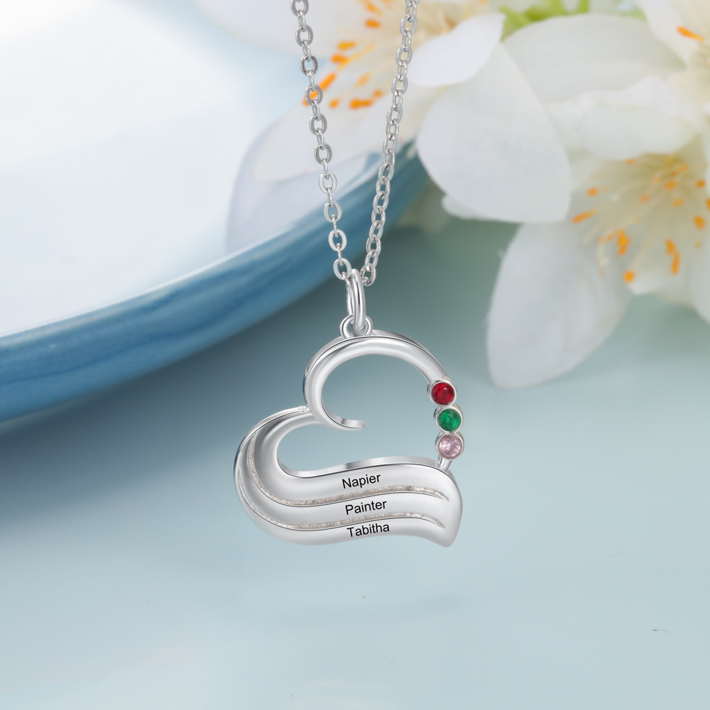3 Names-Personalized Special Heart Necklace with Birthstone and Name for Her