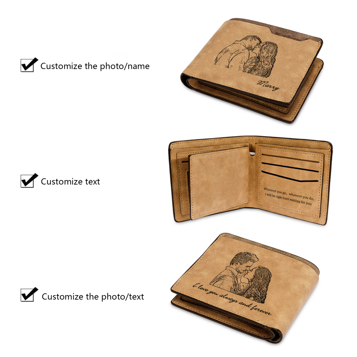 Personalized Photo Leather Men's Wallet Customized Name Letter Folding Brown Wallet For Couple