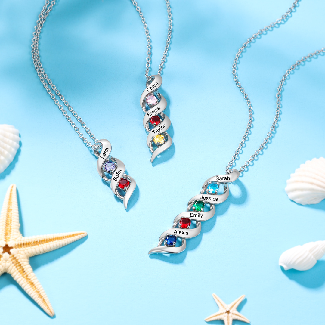 Mother DNA Necklace Personalized Family Necklace Engrave 2 Names & Birthstones Gifts For Her