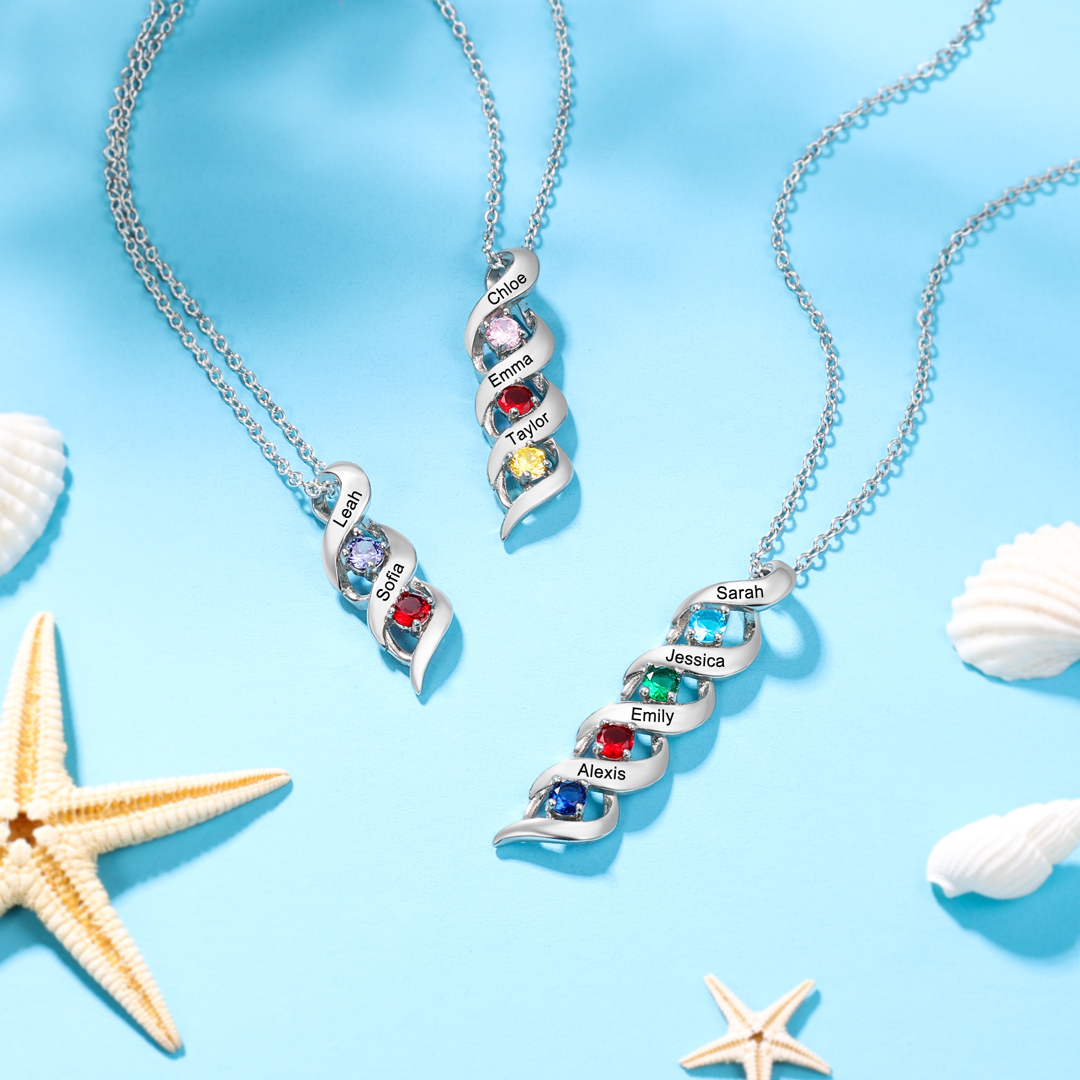 Mother DNA Necklace Personalized Family Necklace Engrave 2 Names & Birthstones Gifts For Her