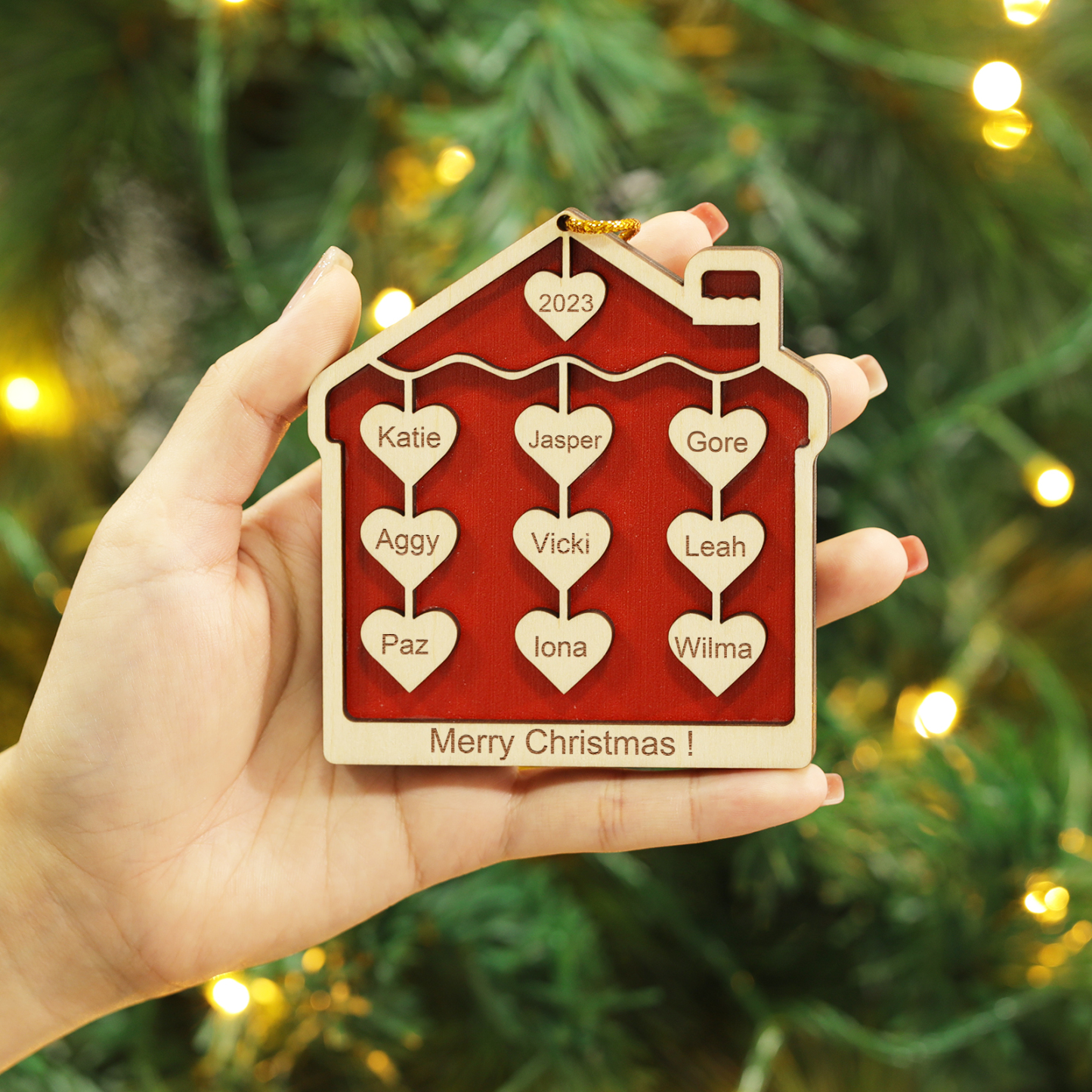 9 Names-Personalized Family Wooden Christmas Xmas Tree Decoration Ornament-Custom 9 Names And Year Hanging Ornament Gifts For Family