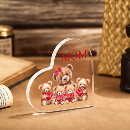 Personalized Heart Shaped Acrylic Plaque - Bears - with 1-7 names & flowers - Gift for Mom
