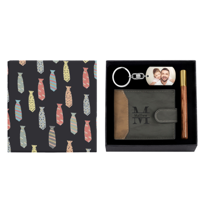 Personalized Leather Wallet Gift Box Set with Keychain Customizable Photo Letter and Name Wallet Gift for Dad