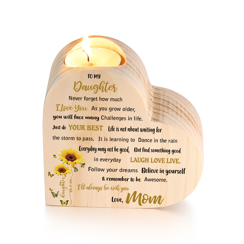 To My Daughter Wooden Heart Candle Holder Sunflowers Candlesticks "I'll always be with you"