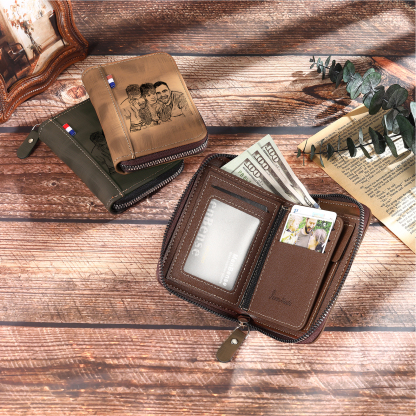 6 Names - Personalized Photo Text Custom Leather Men's Wallet Custom Name Zipper Wallet for Dad
