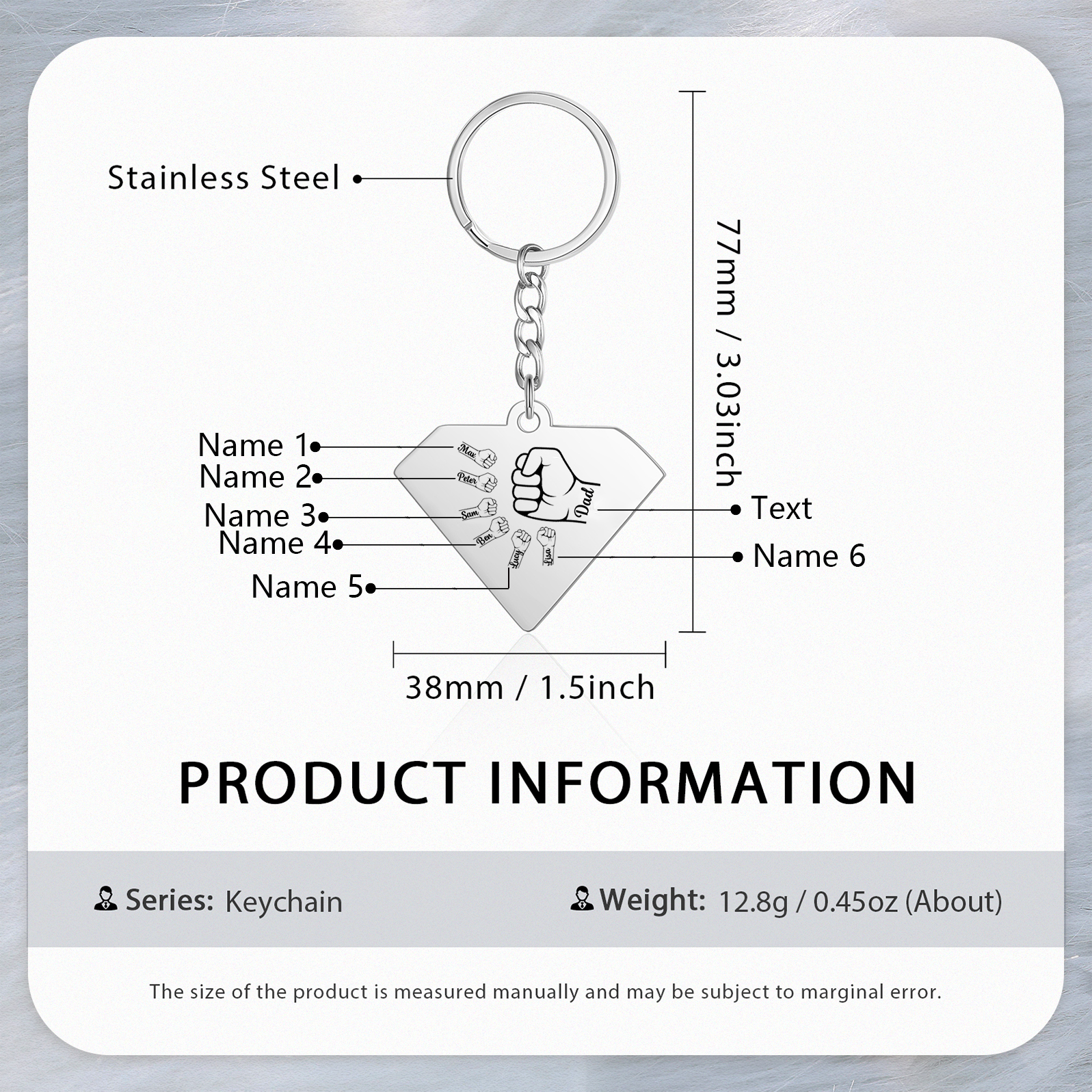 6 Names - Personalized Fist Bump Keychain Engraved Kids Names and text Keychain Gifts for Dad/Grandad