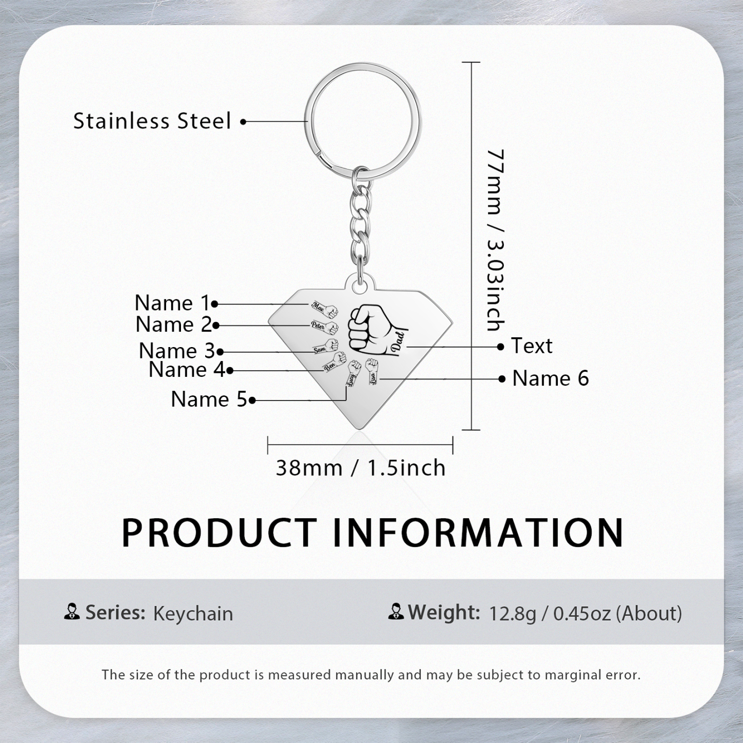 6 Names - Personalized Fist Bump Keychain Engraved Kids Names and text Keychain Gifts for Dad/Grandad