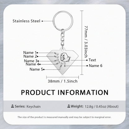 6 Names - Personalized Fist Bump Keychain Engraved Kids Names and text Keychain Gifts for Dad/Grandad