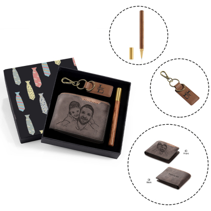 Personalized Leather Wallet Gift Box Set with Letter Name Keychain Customizable Photo and Text Wallet Gift for Him