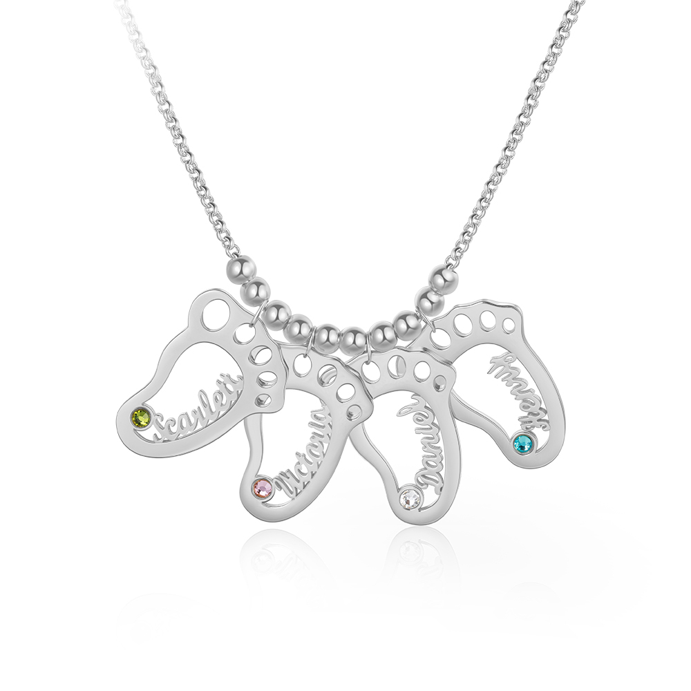 Personalized Baby Foot Engraved 4 Names Birthstones Necklace Gift For Mother