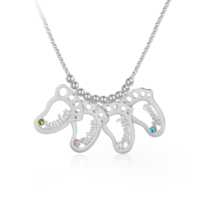 Personalized Baby Foot Engraved 4 Names Birthstones Necklace Gift For Mother