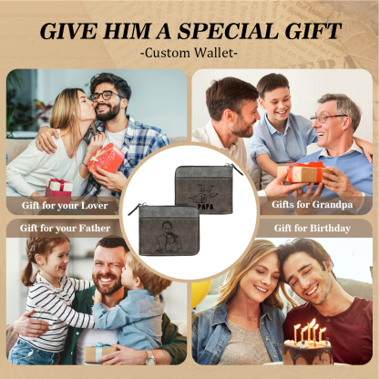 4-Names Personalized Leather Men's wallet With Card Slot Engraved With Name And Photo For Papa As a Father's Day Unique Gift