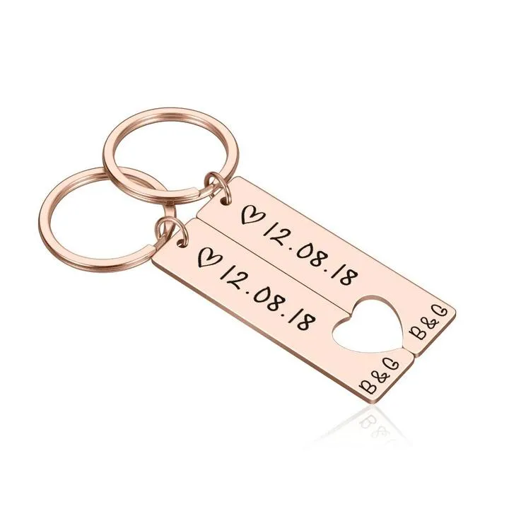 Personalized Heart Keyring Set with Custom Date & Initial Matching Valentine's gift for Couple | Jessemade