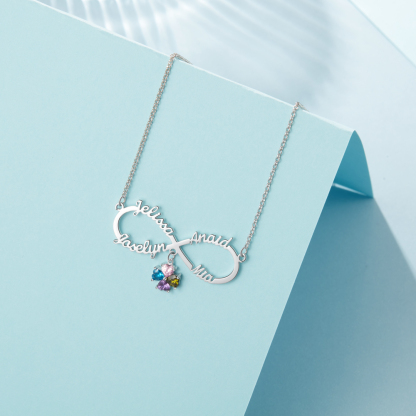Personalized Infinity Necklace With 4 Birthstones Engraved Names Necklace Gift For Women