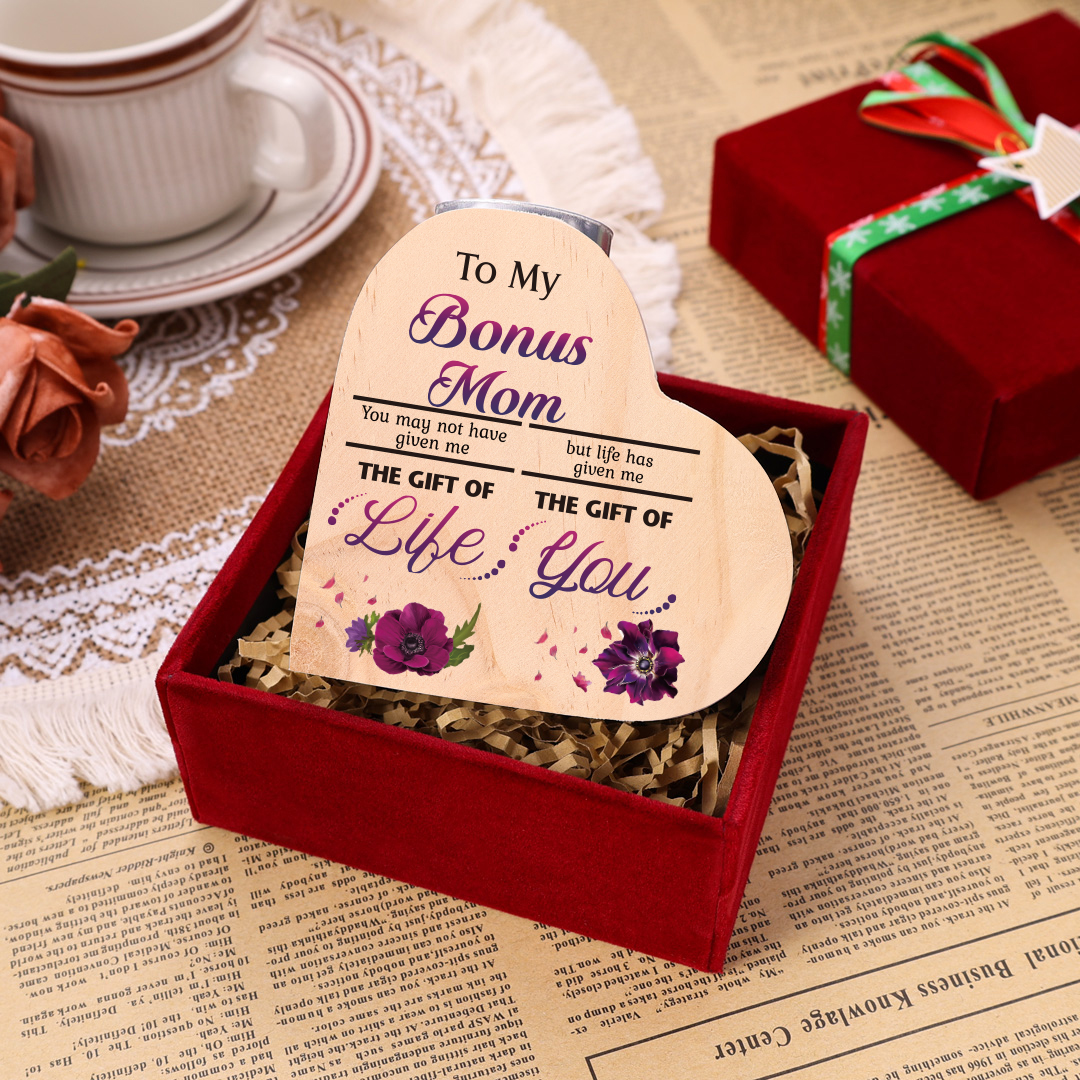 To My Bonus Mom Violet Flower Heart Candle Holder "Life Has Given Me The Gift of You" Wooden Candlestick
