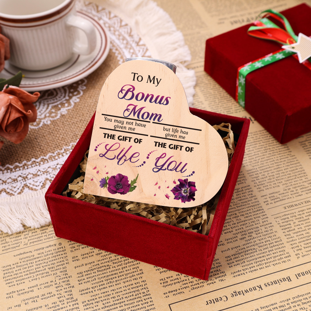 To My Bonus Mom Violet Flower Heart Candle Holder "Life Has Given Me The Gift of You" Wooden Candlestick