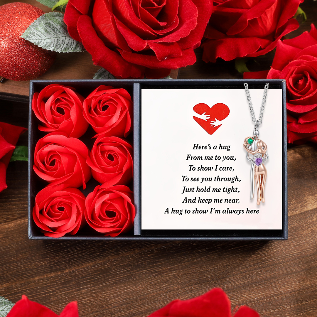 Couple Hug Birthstone Necklace, Two-Tone Heart Pendant for Women