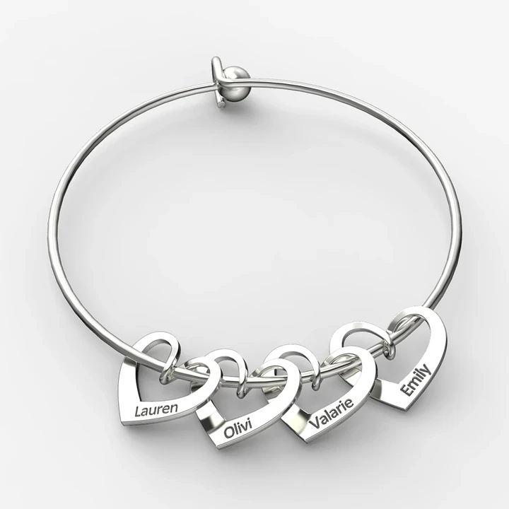 3 Names-Personalized Love Bracelet with 3 Heart Charms Engraved Name Bangle Bracelet