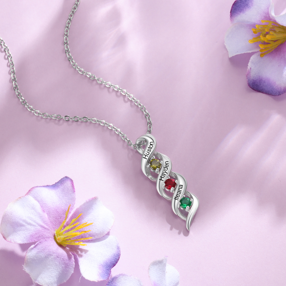 1-10 Names-Personalized Birthstones Necklace Set With Rose Gift Box-Custom Cascading Pendant Necklace Engraving 3 Names Gifts for Her