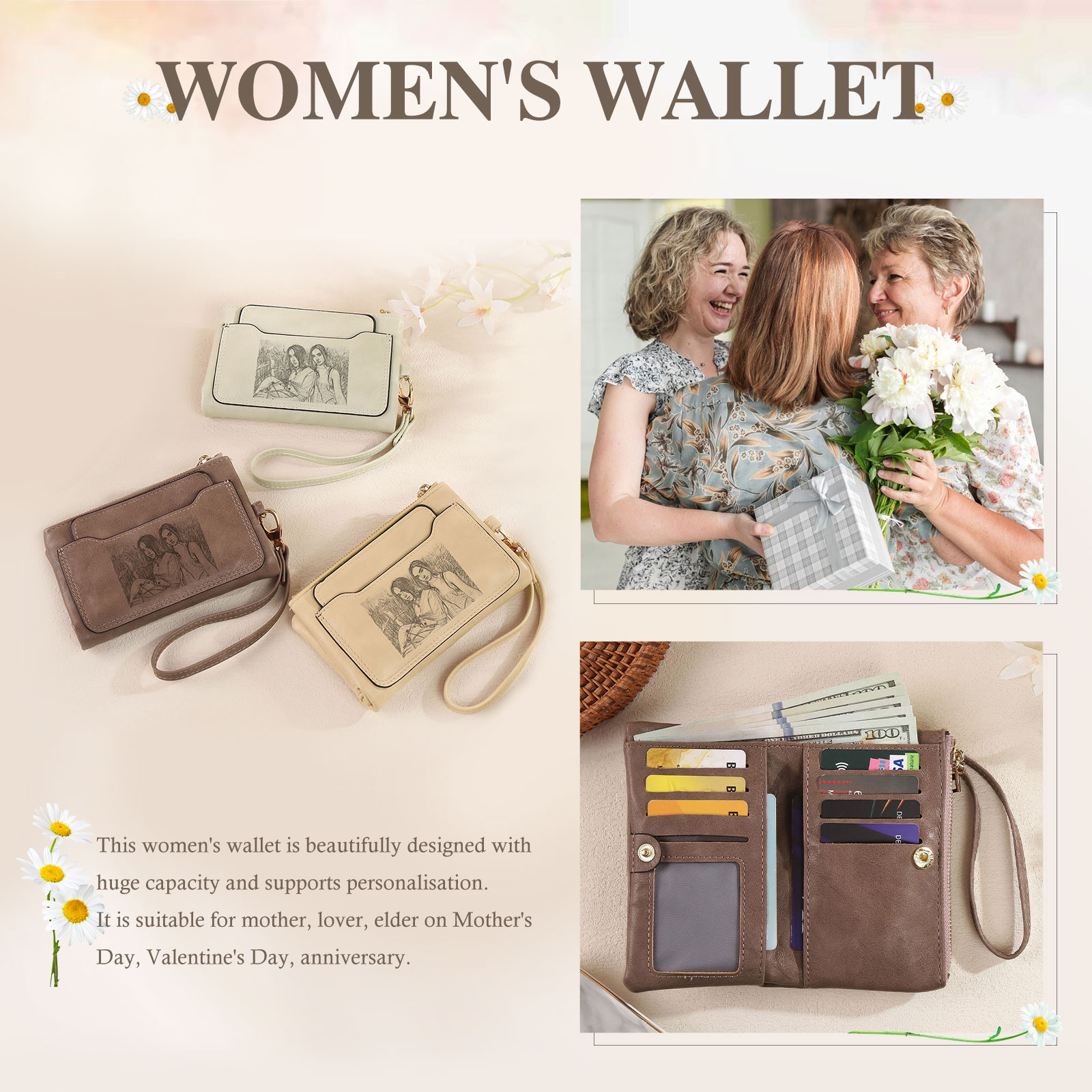 Personalized Photo & Text PU Leather Wallet Coin Purse Three Colors Available Gift for Her