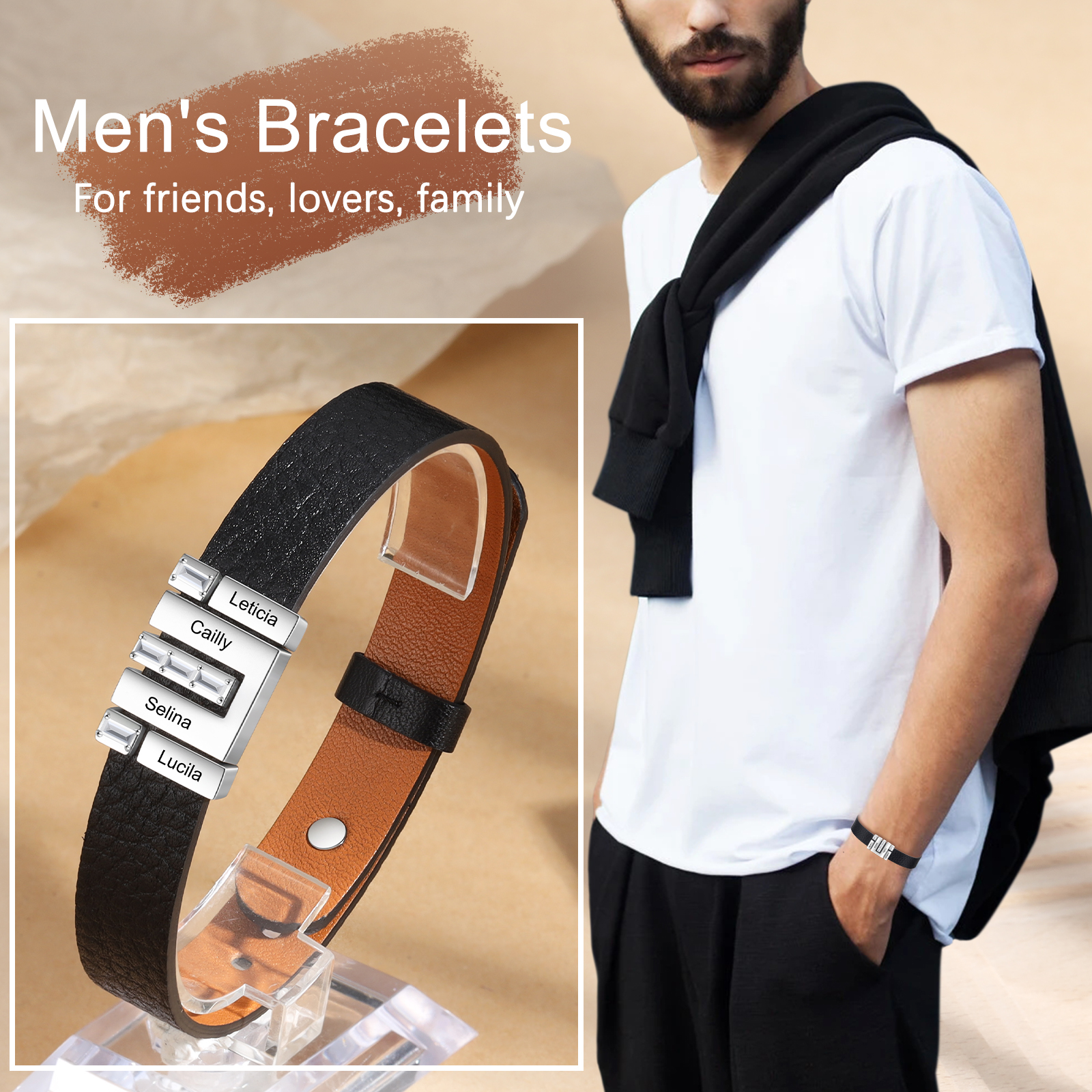 Customized Leather Bracelet with Beads Engraved 4 Names Bangle for Him