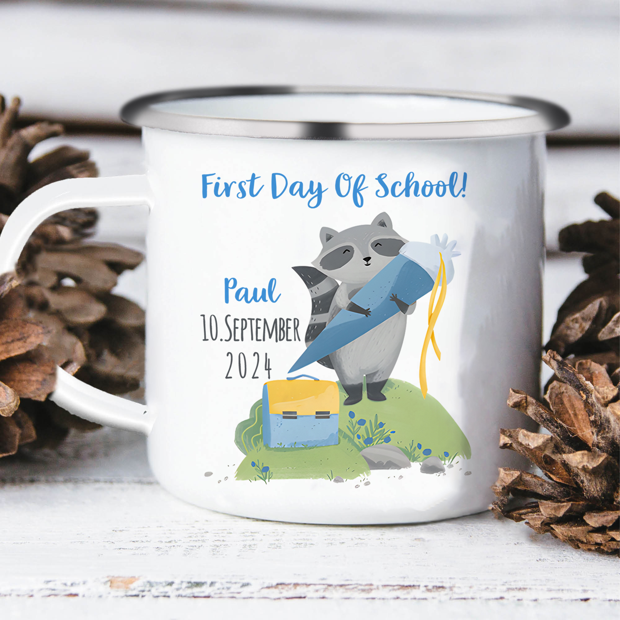 Personalized Name And Date Enamel Mug Children'S Raccoon Pattern Back To School Gift For Kid