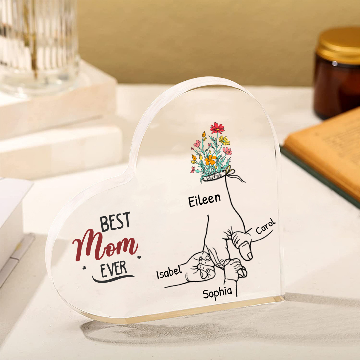 Personalized Heart Shaped Acrylic Plaque Family Tree Gift for Mom - with 1-12 names & 2 text & 2 colors