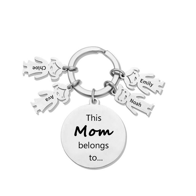 4 Names-This Mom Belongs to...Custom Keychain with Name & Text