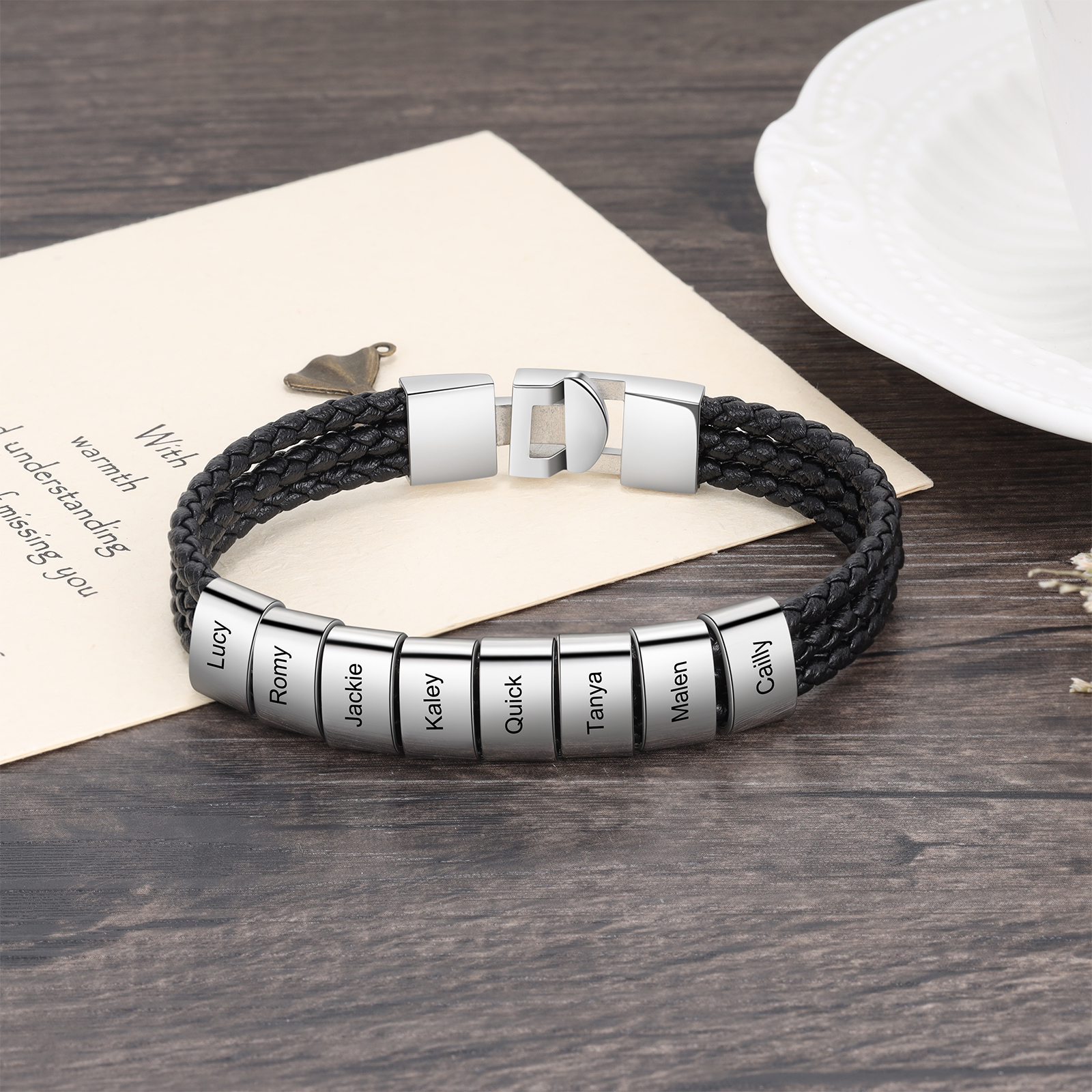 Personalized Braided Leather Bracelet Engraved 8 Names Men's Bracelet Gifts For Him