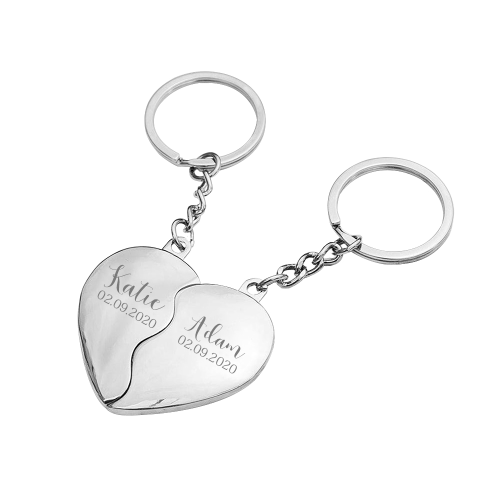 2-Names Personalized Heart Puzzle Couple Keychain Engrave Names And Date Matching Couple Gifts, Special Gift For Him