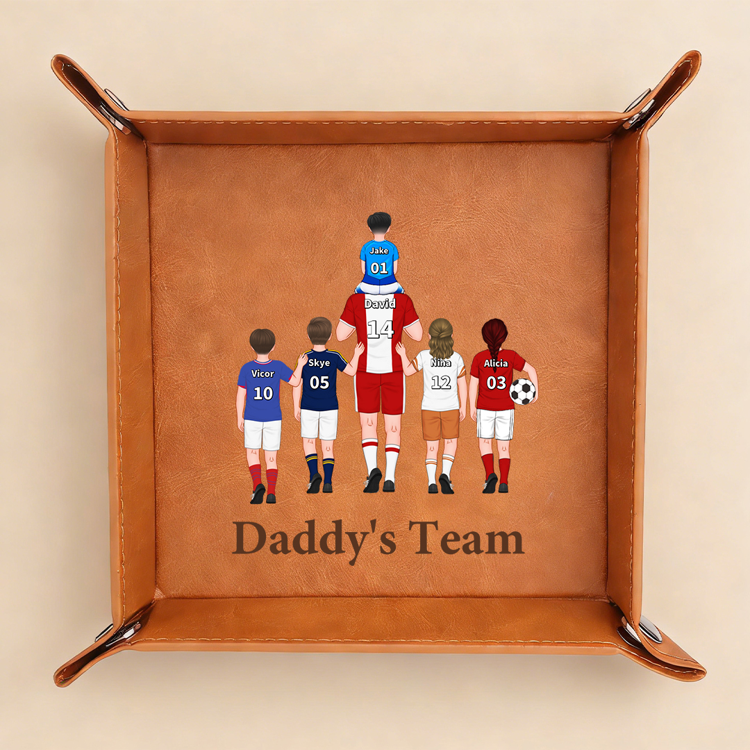 Personalized leather valet tray with a soccer Family Customized with 1–8 names, a gift for Dad or Grandpa, a practical everyday organizer, Father’s Day and birthday gift, Jessemade