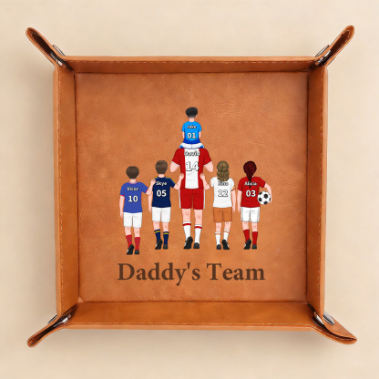 Personalized leather valet tray with a soccer Family Customized with 1–8 names, a gift for Dad or Grandpa, a practical everyday organizer, Father’s Day and birthday gift, Jessemade