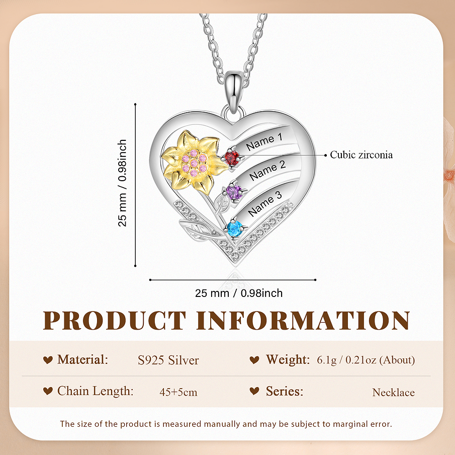 S925 Silver Heart Birthstone Necklace with Sunflower Design - Custom 3 Names & 3 Birthstones Gift for Her | Jessemade