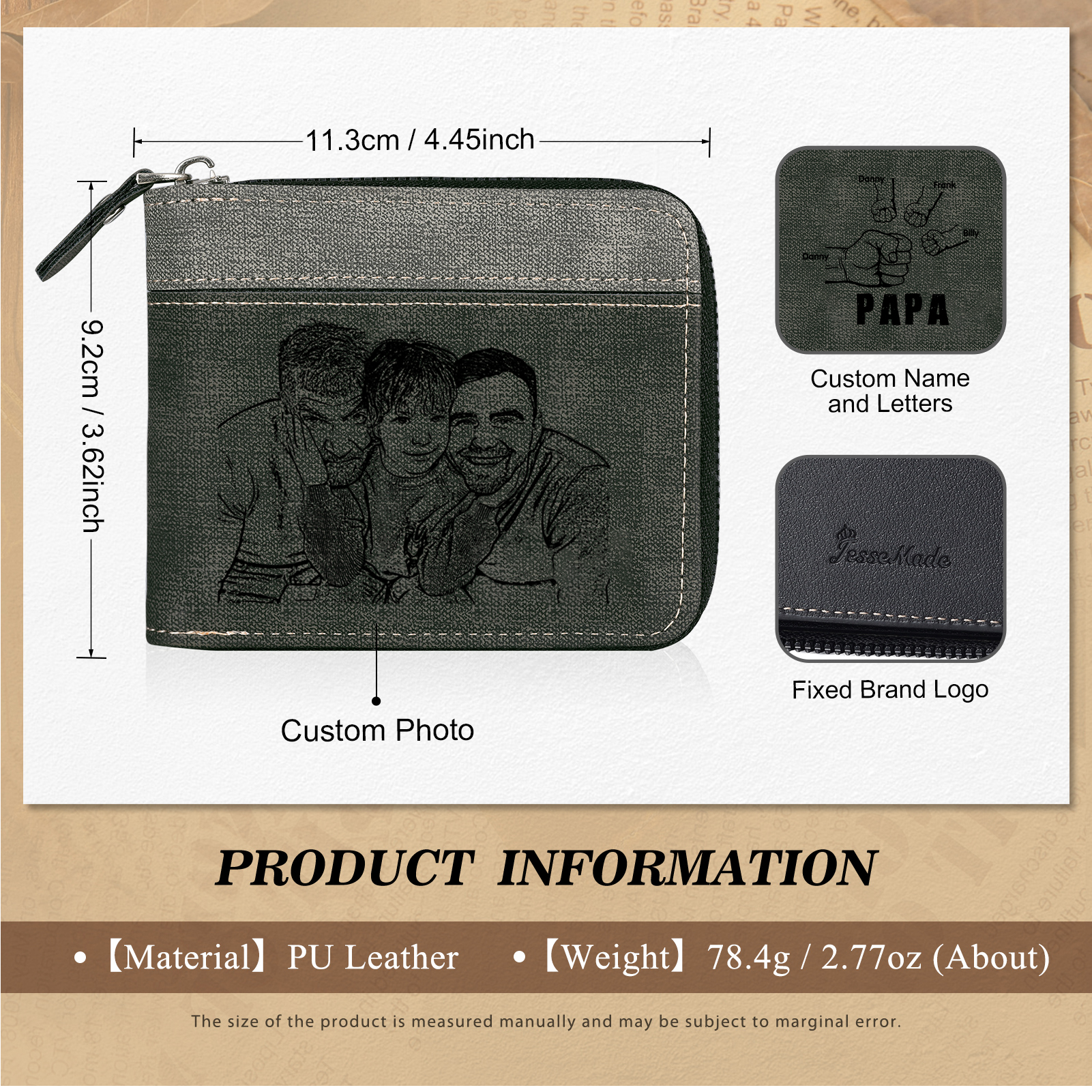 4-Names Personalized Leather Men's wallet With Card Slot Engraved With Name And Photo For Papa As a Father's Day Unique Gift