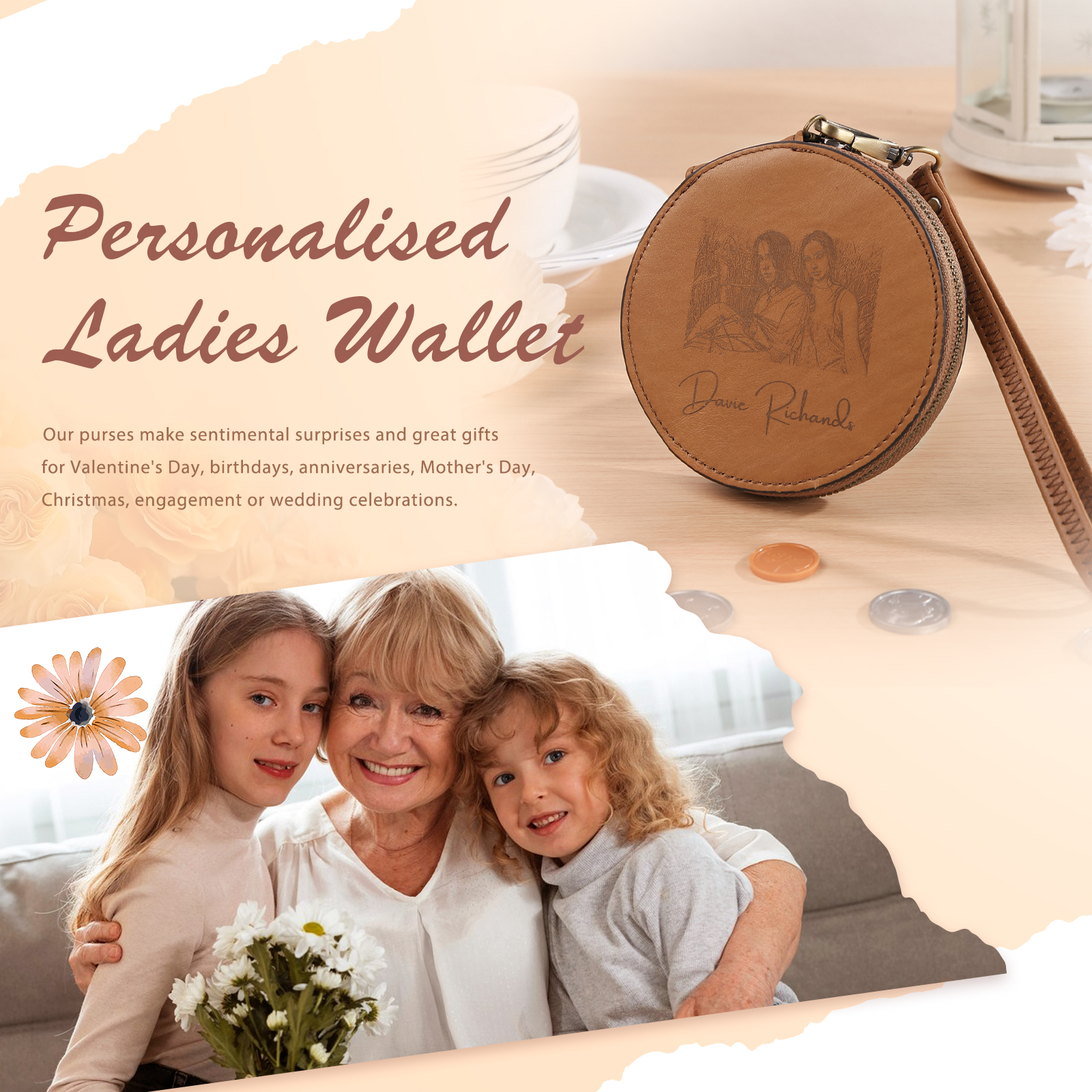 Personalized Photo Quality Leather Round Zipper Wallet Custom Text Wallet Gift for Her