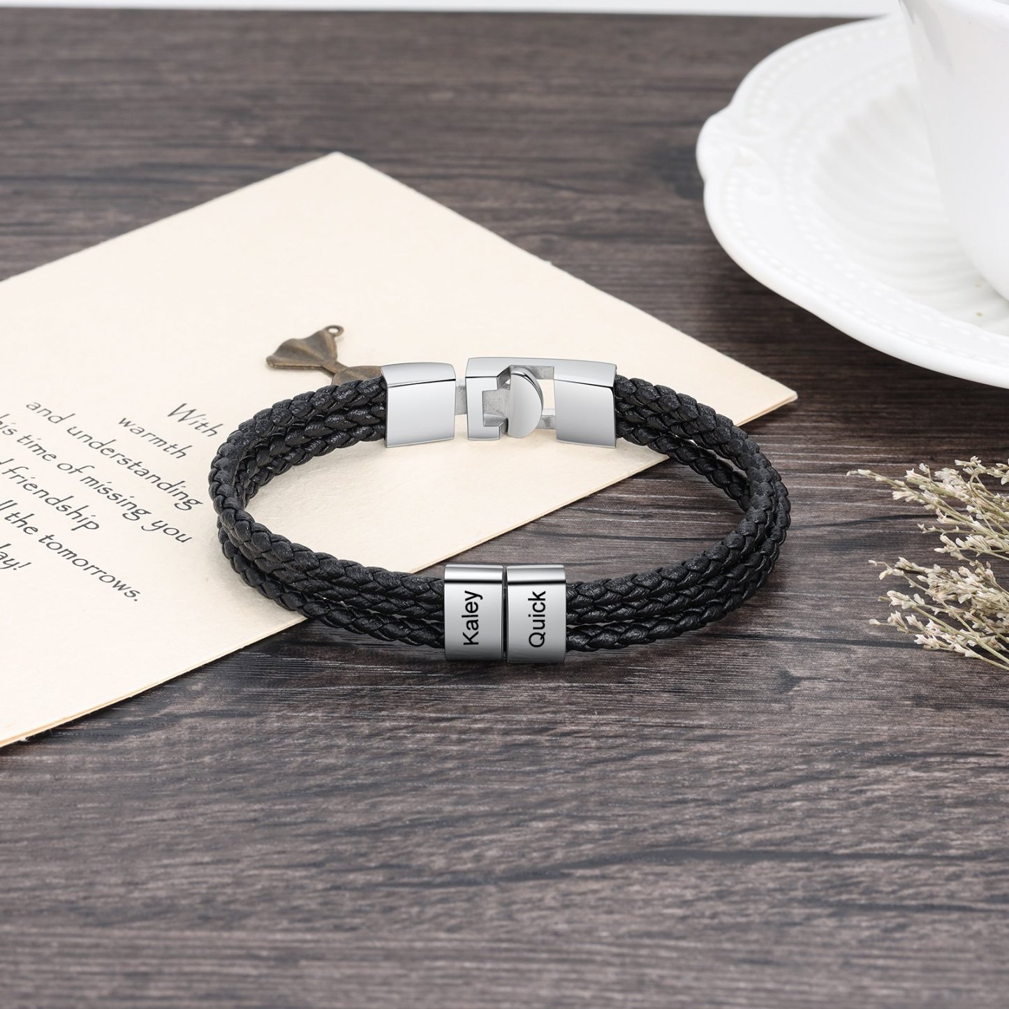 Personalized Braided Leather Bracelet Engraved 2 Names Men's Bracelet Gifts For Him