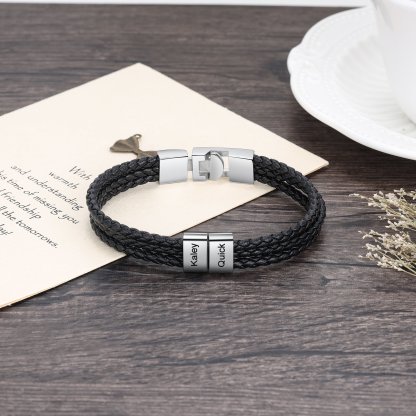 Personalized Braided Leather Bracelet Engraved 2 Names Men's Bracelet Gifts For Him