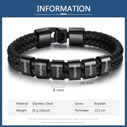 Customized Braided Leather Bracelet Engraved 6 Names Men's Bracelet for Him