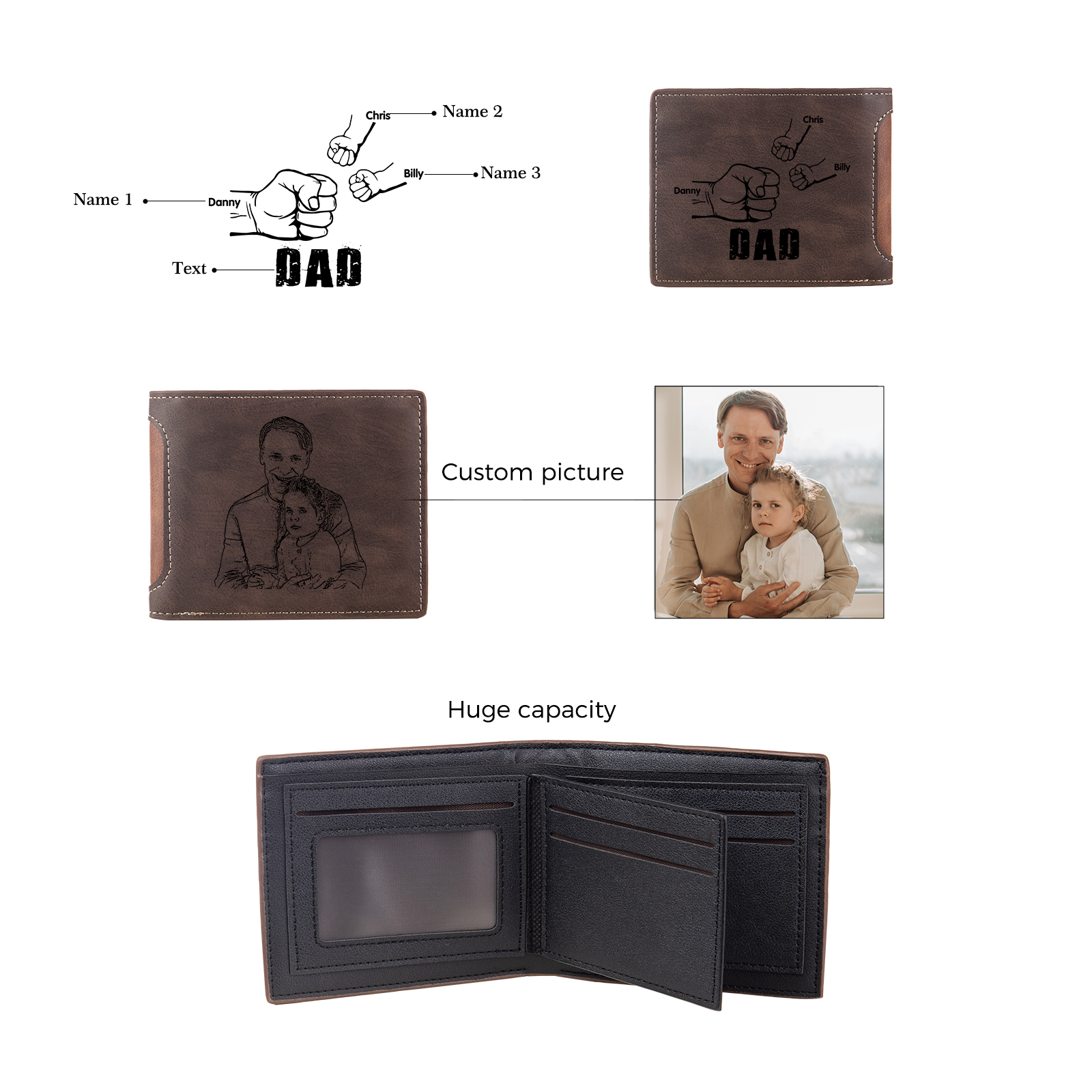 3 Names - Personalized Photo Custom Leather Men's Folding Wallet as a Father's Day Gift for Dad