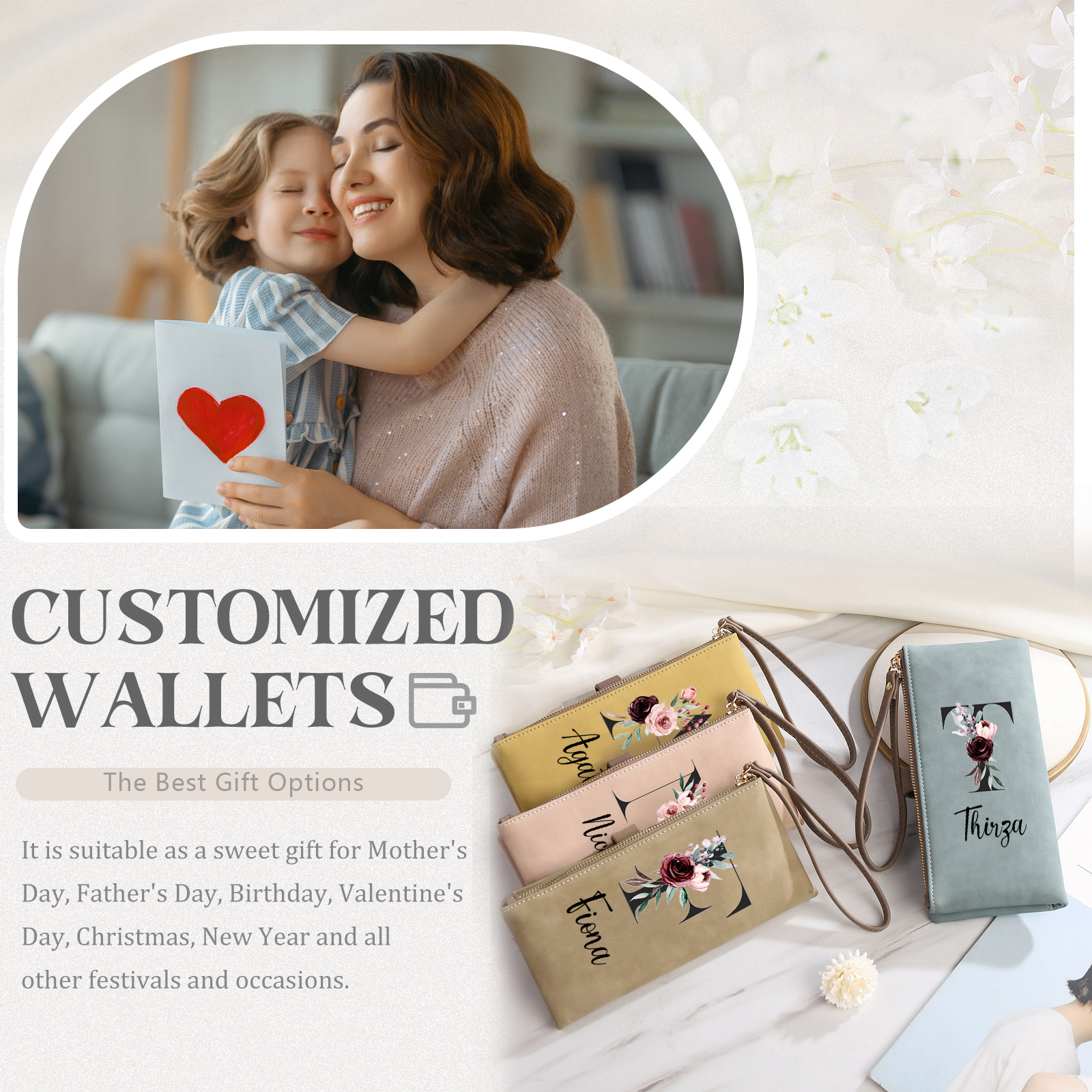 Personalized Exquisite Women'S Wallet Customized Letter And Name Zipper Wallet For Grandma