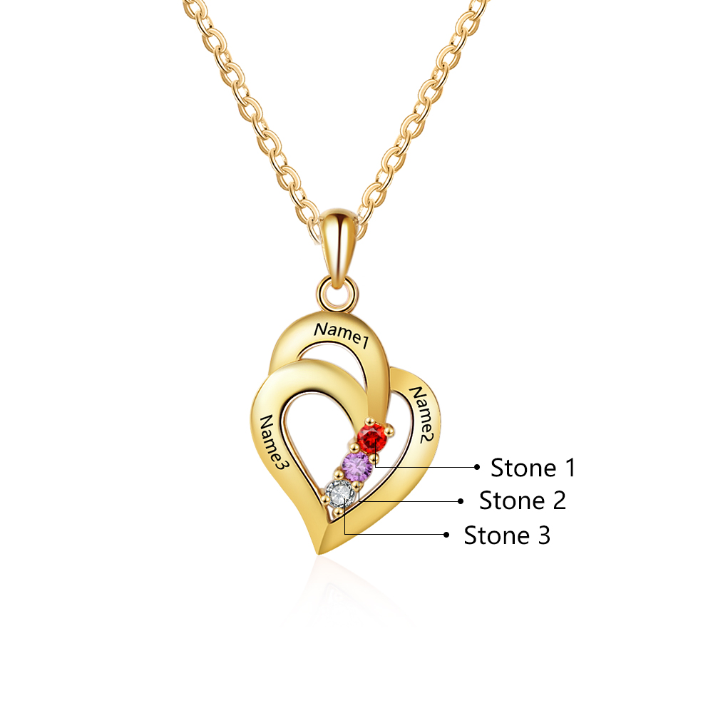 Personalized Heart S925 Necklace With 3 Birthstones Engraved Names Gift For Her