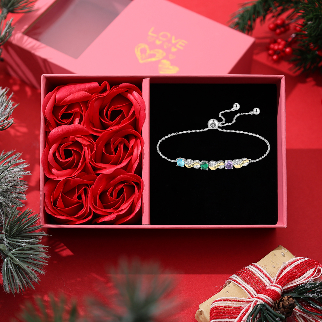 2-5 Names-Personalized Infinity Bracelet With Birthstones Set With Rose Box Engraved Names Bracelet Gift For Women